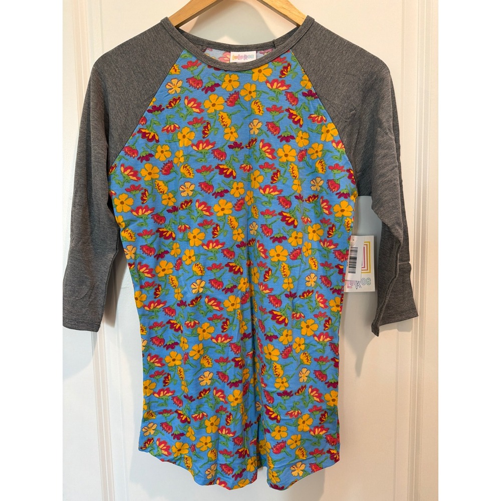 LuLaRoe Randy Baseball Tee XXS Floral Blue Grey Raglan 3/4 Sleeve Top NWT